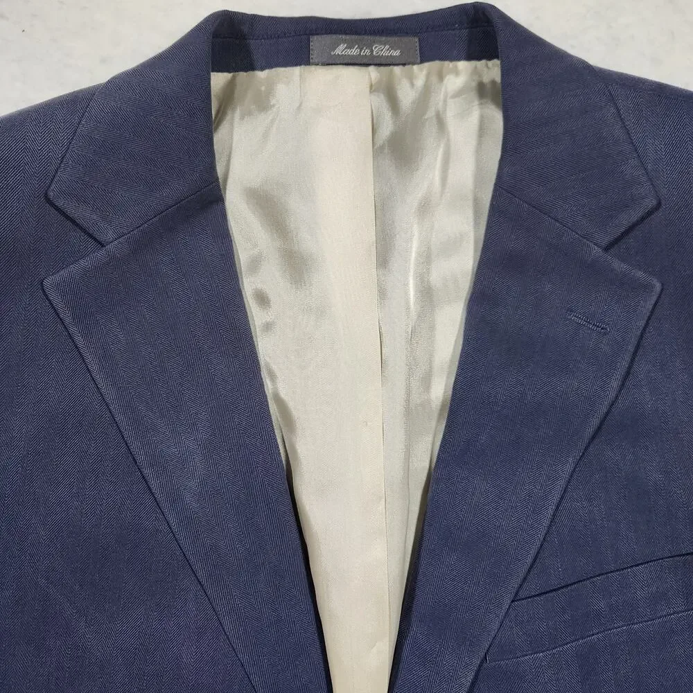 Oscar de la Renta Men Silk Blazer Jacket Sz 46L Blue Two Button Career Office